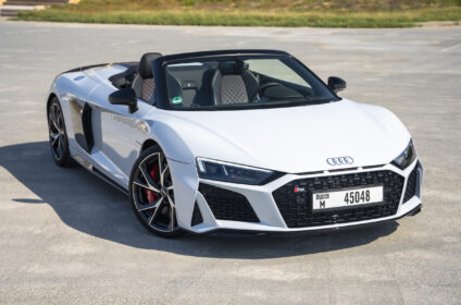 Front view of Audi R8 Spyder for lease in Dubai – showcasing sharp LED headlights, iconic grille, and sporty front design.
