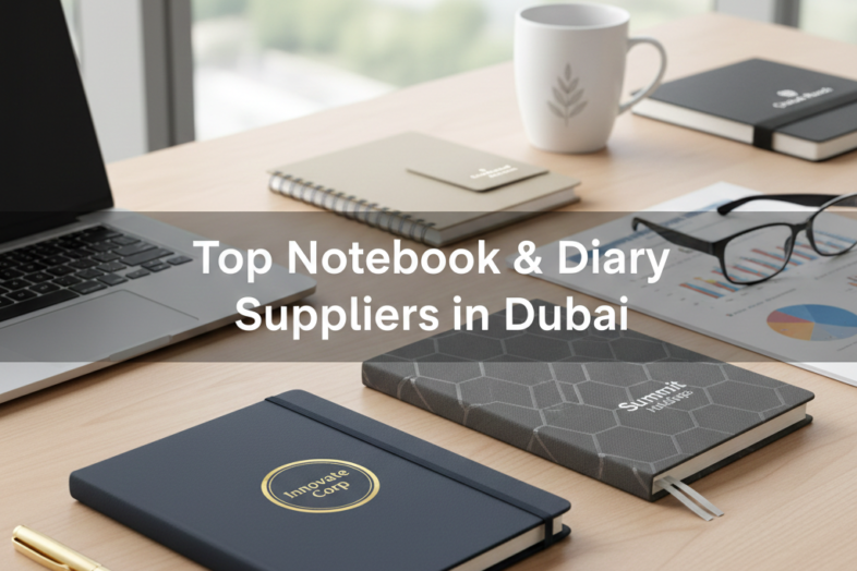 "Create a high-quality, professional corporate-themed image featuring PU leather notebooks, hardcover diaries, and spiral notebooks arranged elegantly on a modern office desk. Include subtle corporate branding on notebooks such as embossed logos or foil stamping. Add lifestyle props like pens, laptops, coffee cups, and business papers to make the scene realistic. Ensure bright, natural lighting, sharp focus, and premium composition. Include the title text 'Top Notebook & Diary Suppliers in Dubai' in the center of the image, visible from each side with balanced typography, blending naturally with the scene. Style should be modern, corporate, and visually appealing, suitable for a business article on corporate gifts. Output in landscape format 1200x628 px. Alt text ideas: 'PU leather notebook with corporate logo Dubai', 'spiral notebook for corporate giveaways Dubai', 'executive hardcover diary branding Dubai'."