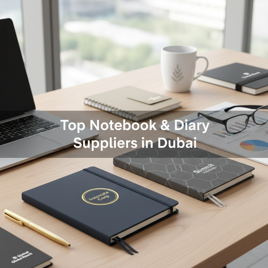 "Create a high-quality, professional corporate-themed image featuring PU leather notebooks, hardcover diaries, and spiral notebooks arranged elegantly on a modern office desk. Include subtle corporate branding on notebooks such as embossed logos or foil stamping. Add lifestyle props like pens, laptops, coffee cups, and business papers to make the scene realistic. Ensure bright, natural lighting, sharp focus, and premium composition. Include the title text 'Top Notebook & Diary Suppliers in Dubai' in the center of the image, visible from each side with balanced typography, blending naturally with the scene. Style should be modern, corporate, and visually appealing, suitable for a business article on corporate gifts. Output in landscape format 1200x628 px. Alt text ideas: 'PU leather notebook with corporate logo Dubai', 'spiral notebook for corporate giveaways Dubai', 'executive hardcover diary branding Dubai'."