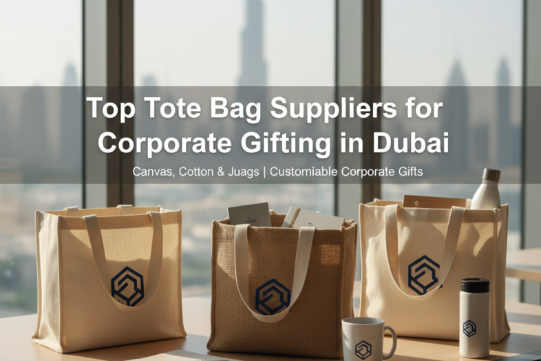 Luxury canvas and jute tote bags for corporate gifting in Dubai with embroidery, leather handles, and branded prints