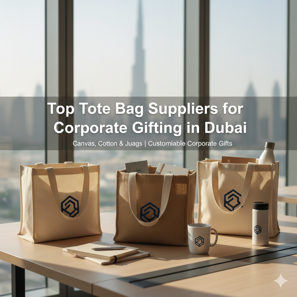 Luxury canvas and jute tote bags for corporate gifting in Dubai with embroidery, leather handles, and branded prints