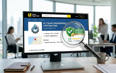 Image Concept: Style: Clean, professional, modern, and business-focused. Composition: Main Element: A computer or mobile screen displaying a business listing on Yellow Pages UAE. The screen could show a well-optimized business profile, with the business name, contact info, and a "Verified" badge for trustworthiness. Background: A professional office setting, potentially with a laptop and documents, to give a business-focused, authentic vibe. The office should be well-lit to represent a sense of clarity and professionalism. Additional Visuals: A magnifying glass over the listing, symbolizing the search and verification process. Icons representing trust (like a checkmark or shield), indicating verified business details. Text on the image: A small, non-intrusive text like "Increase Your Customer Reach" or "Boost Your Local SEO" (optional). Color Palette: Primary tones of blue, white, and gray for a sleek, professional look. You can include green or gold for the "Verified" badge, creating a sense of credibility. Mood: Trustworthy, professional, and solution-oriented. Do Yellow Pages UAE Listings Help Businesses Get More Customers?