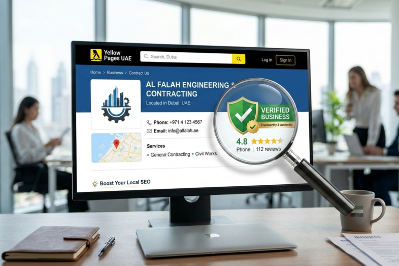 Image Concept: Style: Clean, professional, modern, and business-focused. Composition: Main Element: A computer or mobile screen displaying a business listing on Yellow Pages UAE. The screen could show a well-optimized business profile, with the business name, contact info, and a "Verified" badge for trustworthiness. Background: A professional office setting, potentially with a laptop and documents, to give a business-focused, authentic vibe. The office should be well-lit to represent a sense of clarity and professionalism. Additional Visuals: A magnifying glass over the listing, symbolizing the search and verification process. Icons representing trust (like a checkmark or shield), indicating verified business details. Text on the image: A small, non-intrusive text like "Increase Your Customer Reach" or "Boost Your Local SEO" (optional). Color Palette: Primary tones of blue, white, and gray for a sleek, professional look. You can include green or gold for the "Verified" badge, creating a sense of credibility. Mood: Trustworthy, professional, and solution-oriented. Do Yellow Pages UAE Listings Help Businesses Get More Customers?