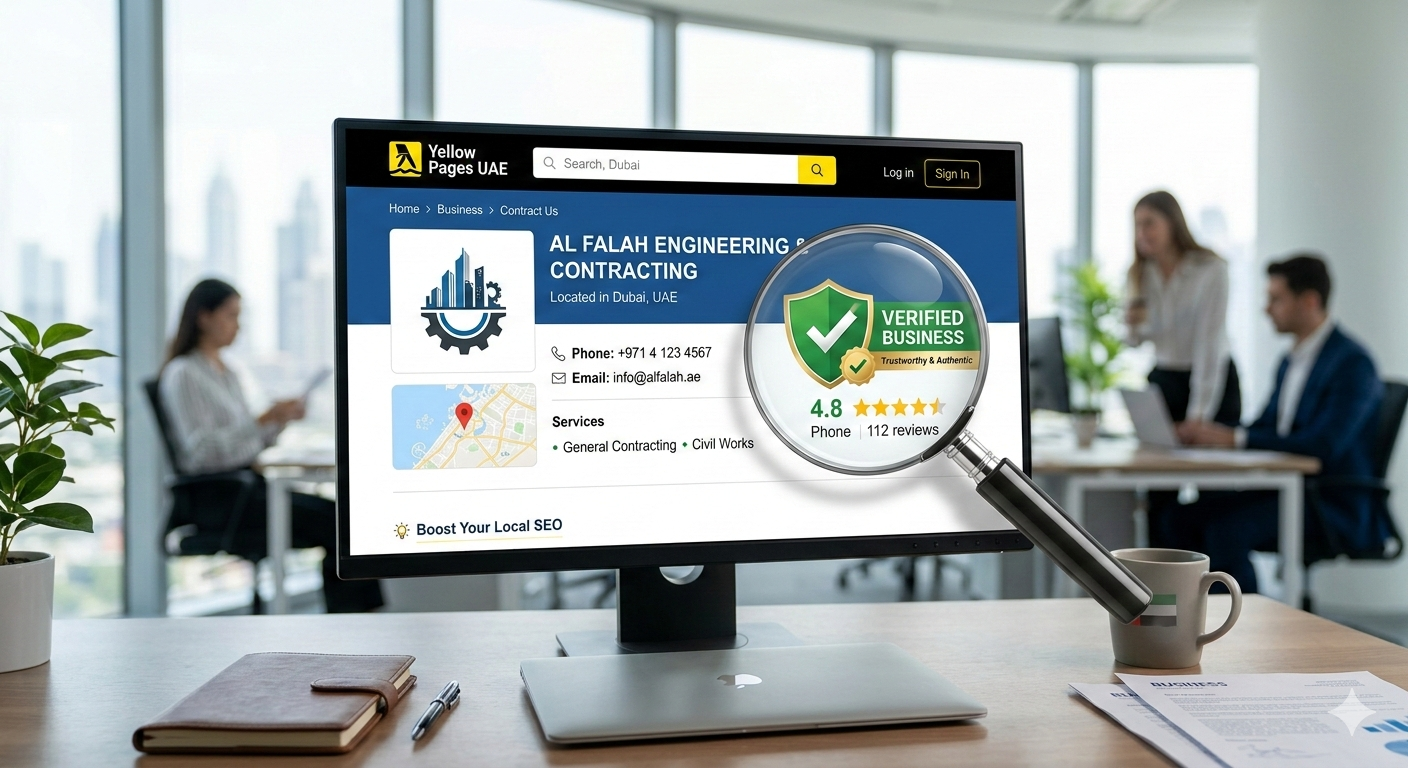 Image Concept: Style: Clean, professional, modern, and business-focused. Composition: Main Element: A computer or mobile screen displaying a business listing on Yellow Pages UAE. The screen could show a well-optimized business profile, with the business name, contact info, and a "Verified" badge for trustworthiness. Background: A professional office setting, potentially with a laptop and documents, to give a business-focused, authentic vibe. The office should be well-lit to represent a sense of clarity and professionalism. Additional Visuals: A magnifying glass over the listing, symbolizing the search and verification process. Icons representing trust (like a checkmark or shield), indicating verified business details. Text on the image: A small, non-intrusive text like "Increase Your Customer Reach" or "Boost Your Local SEO" (optional). Color Palette: Primary tones of blue, white, and gray for a sleek, professional look. You can include green or gold for the "Verified" badge, creating a sense of credibility. Mood: Trustworthy, professional, and solution-oriented. Do Yellow Pages UAE Listings Help Businesses Get More Customers?